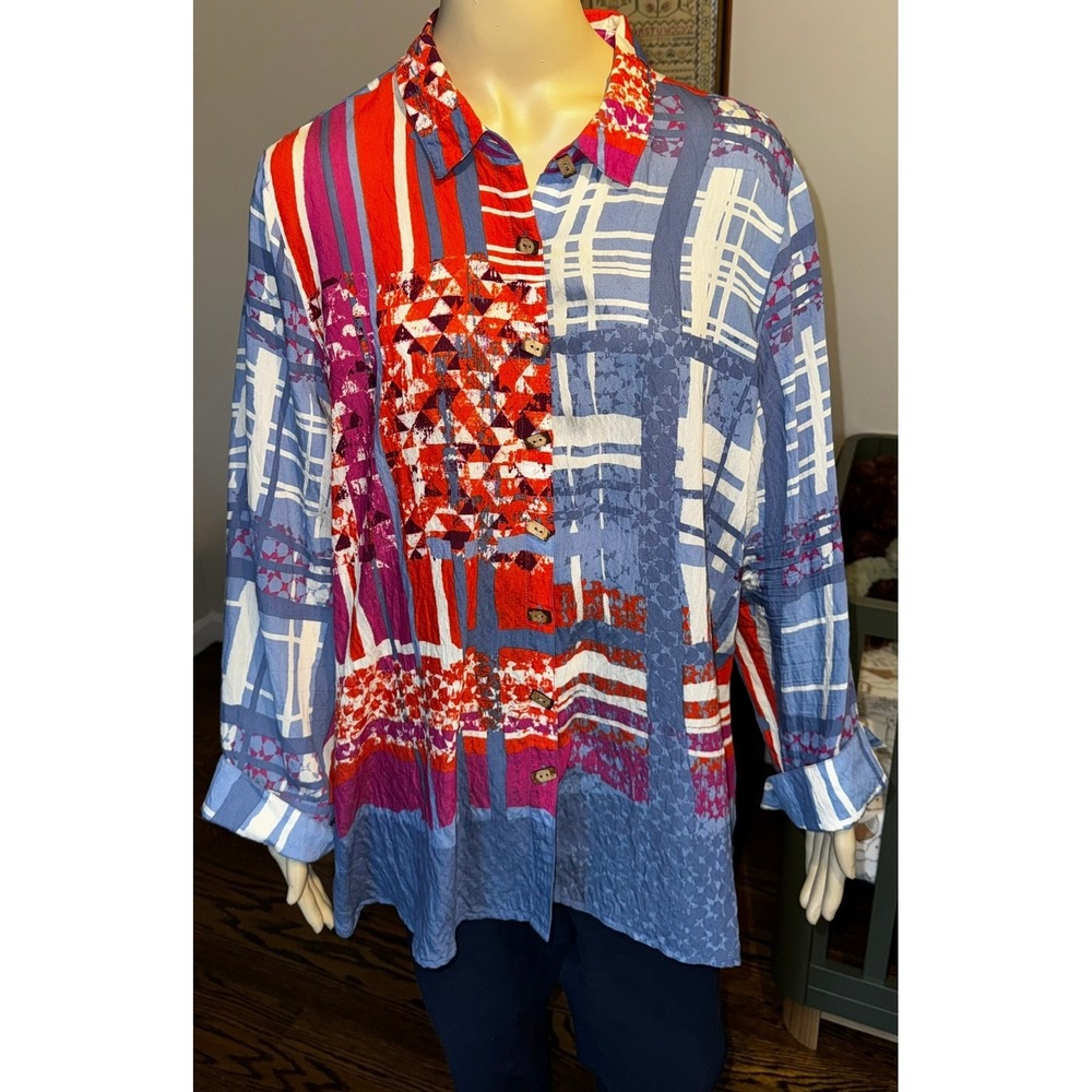 Multiples Womens XL Mixed Print Button Front Blouse Blue Red Geometric Rayon Top
